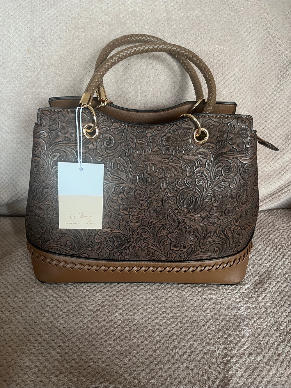 Le Bag Brown Embossed Floral Satchel